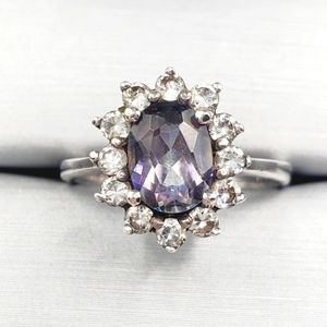 Mystic Topaz & Simulated Diamond Halo 925 Sterling Silver Ring